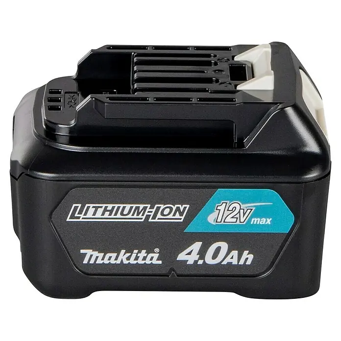 Makita CXT 12V max. Akku BL1041B - 12 V, 4 Ah - Schwarzer Makita 12V max 4.0Ah Lithium-Ionen-Akku mit blauem Etikett und hellgrauen Oberteilen.