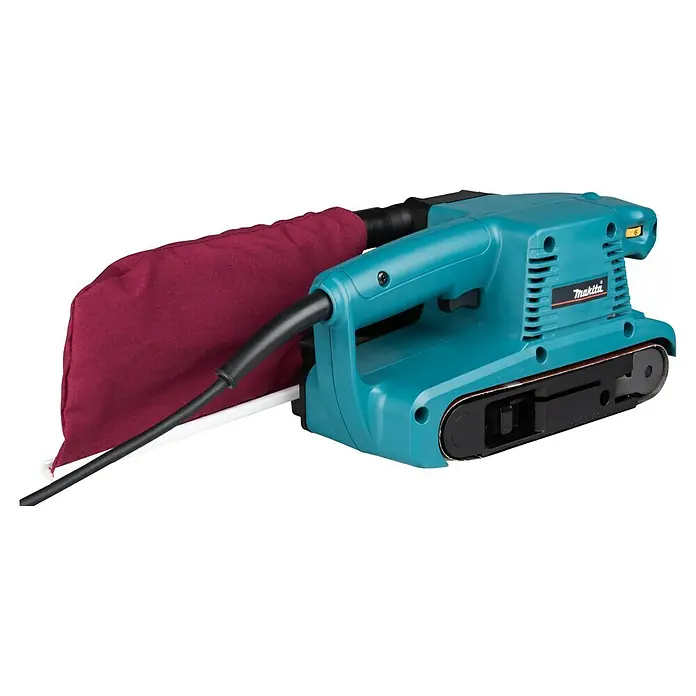 Makita Lijadora de banda eléctrica de sobremesa 9911J - 650 W - Lijadora de banda Makita turquesa con una bolsa de polvo granate.