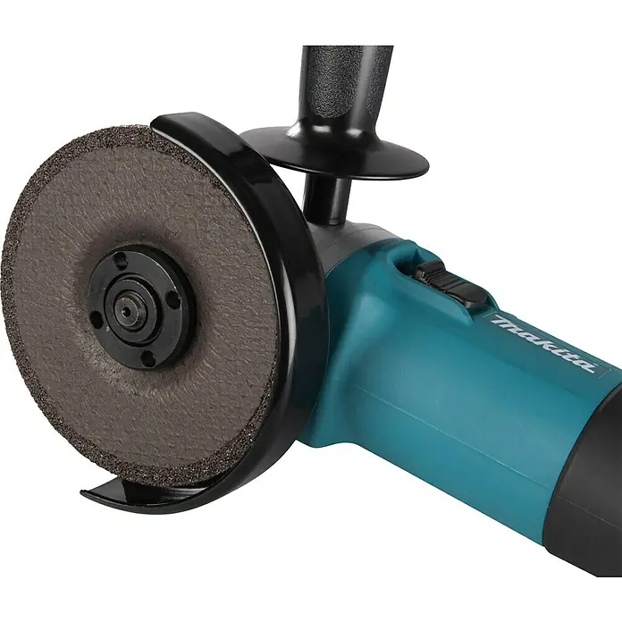 Makita Elektro-Winkelschleifer 9565CR - 1.400 W, 11.000 U/min - Türkis-schwarzer Makita Winkelschleifer mit Schleifscheibe und Schutzhaube.