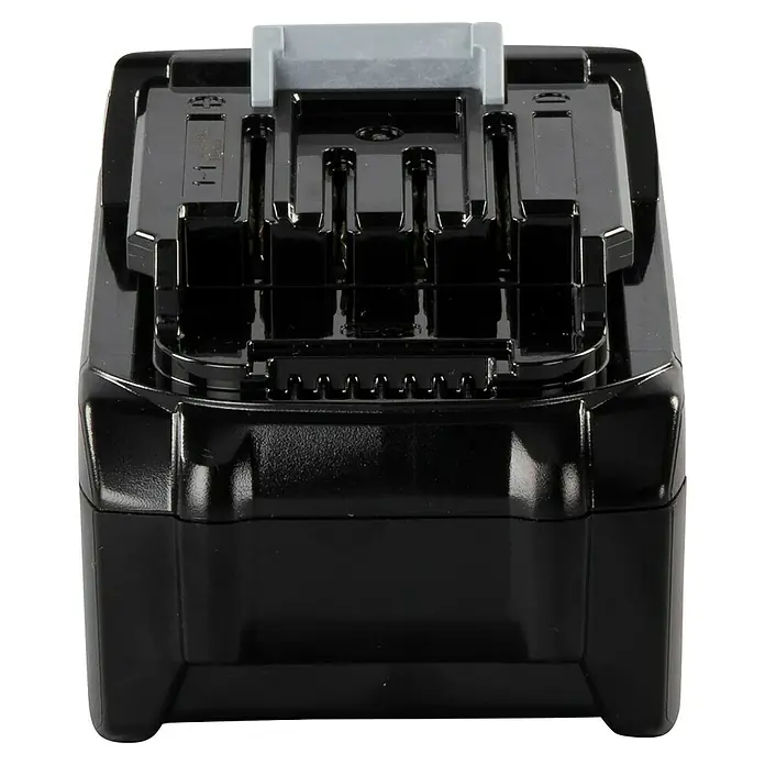 Makita XGT 40V max. Akku BL4025 - 40 V, 2,5 Ah - Schwarzer Kunststoff-Akku für Elektrowerkzeuge mit freiliegenden Metallkontakten und grauem Entriegelungsknopf.