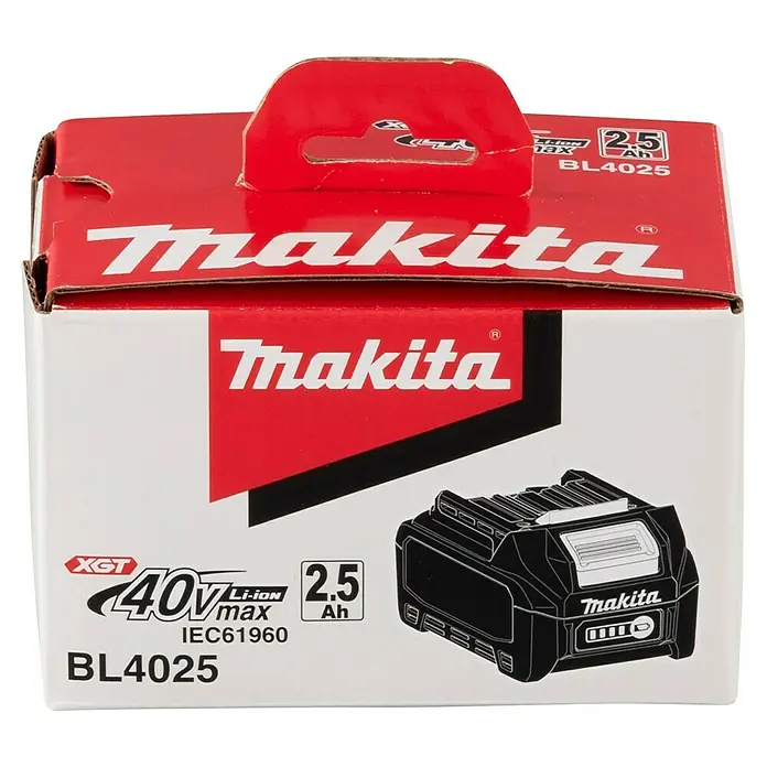Makita XGT 40V max. Akku BL4025 - 40 V, 2,5 Ah - Rote und weiße Makita XGT 40V 2.5Ah Li-ion Akku BL4025 in Originalverpackung, mit Akku-Design.