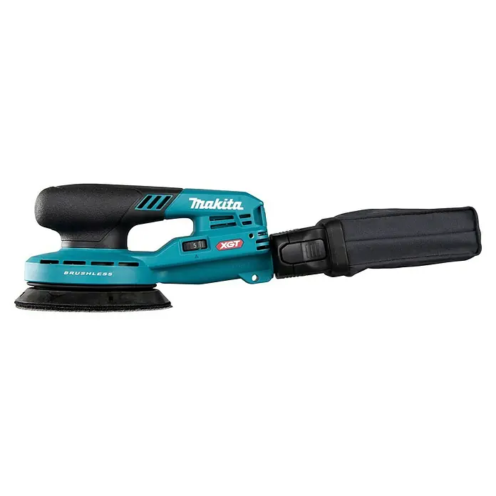 Makita XGT 40V max. Lijadora excéntrica de batería BO001CG -  - Lijadora orbital inalámbrica Makita turquesa y negra con bolsa recolectora de polvo negra, mostrando su motor sin escobillas y dial de velocidad.
