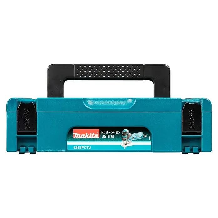 Makita Elektro-Pendelhubstichsäge 4351FCTJ - 800 /min - 2.800 /min, Max. Schnitttiefe in Holz: 135 mm, Anzahl Pendelhubstufen: 4 Stk. - Türkiser Makita Hartschalenkoffer mit schwarzem Griff und Verschlüssen, mit Etikett 'Makita 4351FCTJ' und Stichsägenbild.