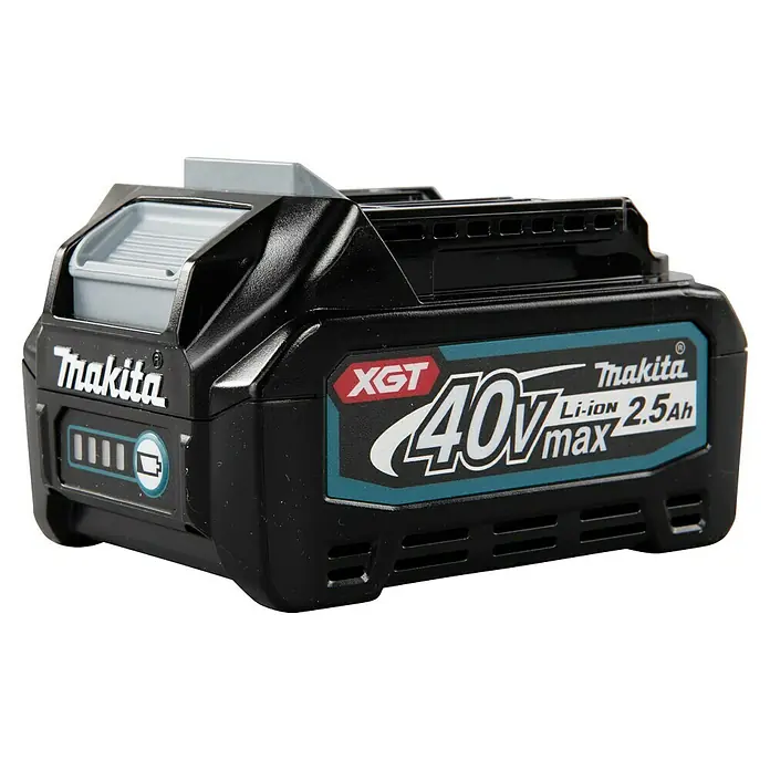 Makita XGT 40V max. Batería BL4025 - 40 V, 2,5 Ah - Batería negra Makita XGT 40V max Li-ion 2.5Ah con detalles grises e indicador de nivel de carga.