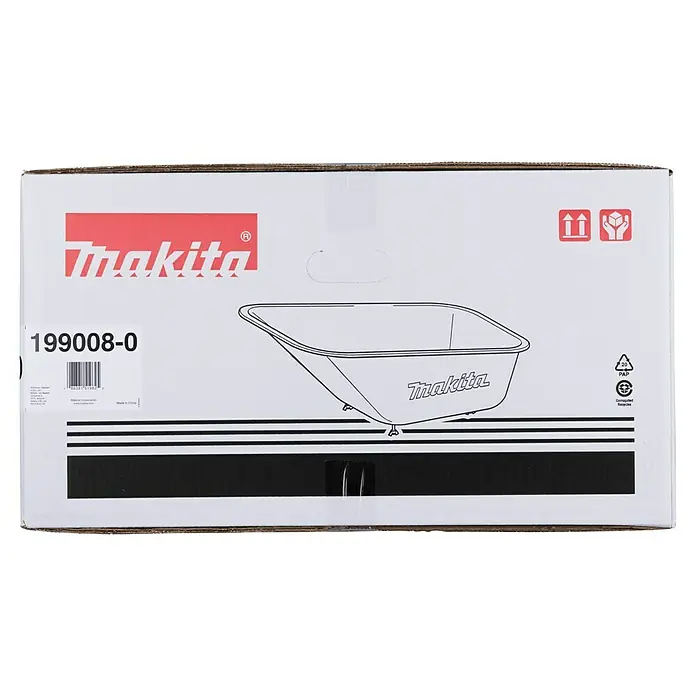 Makita Transportwanne - 880 x 590 x 300 mm, 90 l - Makita Produktbox mit Modellnummer 199008-0, mit einer Abbildung einer Schubkarrenwanne.