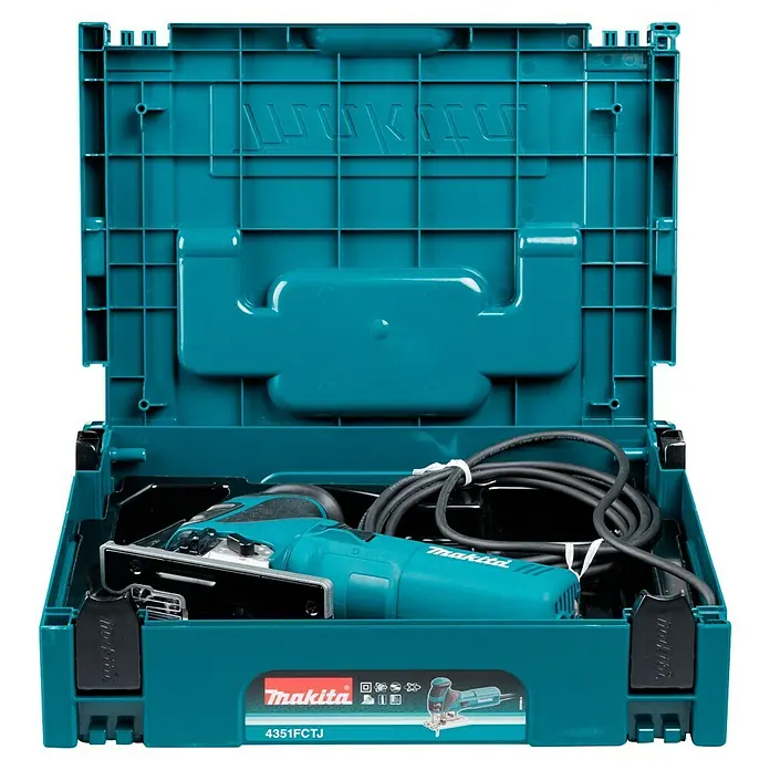 Makita Elektro-Pendelhubstichsäge 4351FCTJ - 800 /min - 2.800 /min, Max. Schnitttiefe in Holz: 135 mm, Anzahl Pendelhubstufen: 4 Stk. - Türkisfarbene Makita Stichsäge mit schwarzen Akzenten, ordentlich in ihrem geöffneten türkisfarbenen Tragekoffer verstaut.
