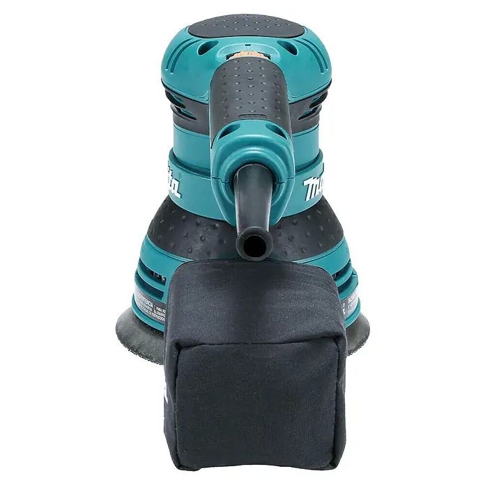 Makita Elektro-Exzenterschleifer BO5041J - 300 W, Durchmesser Schleifteller: 125 mm - Türkis-schwarzer Exzenterschleifer mit schwarzem Stoffstaubsack.