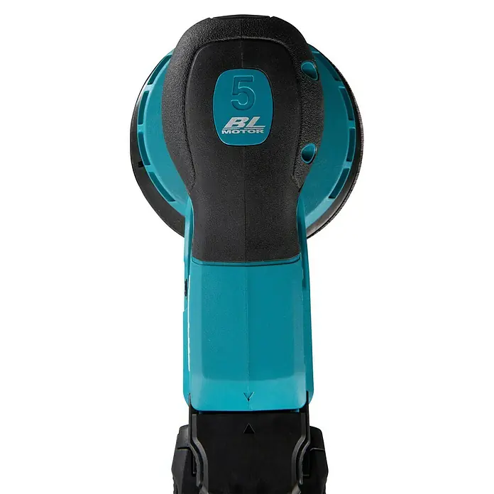 Makita XGT 40V max. Akku-Exzenterschleifer - 40 V, Ohne Akku, Durchmesser Schleifteller: 125 mm - Türkis-schwarzer Exzenterschleifer, von oben gesehen, mit "5 BL MOTOR"-Aufschrift am Griff.