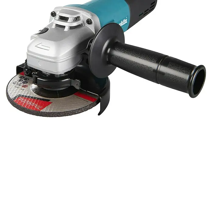 Makita Amoladora angular eléctrica 9565CR - 1.400 W, 11.000 r.p.m. - Amoladora angular con cuerpo turquesa y negro, cabezal plateado, mango negro y disco de corte gris.