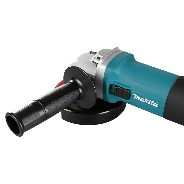 Makita Elektro-Winkelschleifer 9565CR - 1.400 W, 11.000 U/min - Eine türkis-schwarz-silberne Makita Winkelschleifer mit angeschlossenem schwarzem Seitenhandgriff.