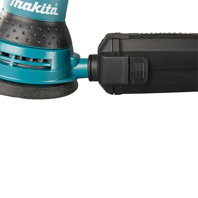 Makita Elektro-Exzenterschleifer BO5031J - 300 W, Durchmesser Schleifteller: 125 mm - Türkis-schwarzer Makita-Exzenterschleifer mit angeschlossenem schwarzem Akku.