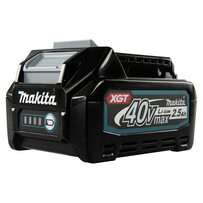 Makita XGT 40V max. Akku BL4025 - 40 V, 2,5 Ah - Schwarzer Makita XGT 40V max 2.5Ah Li-Ionen Akku mit hellgrauem Oberteil und Ladeanzeige.