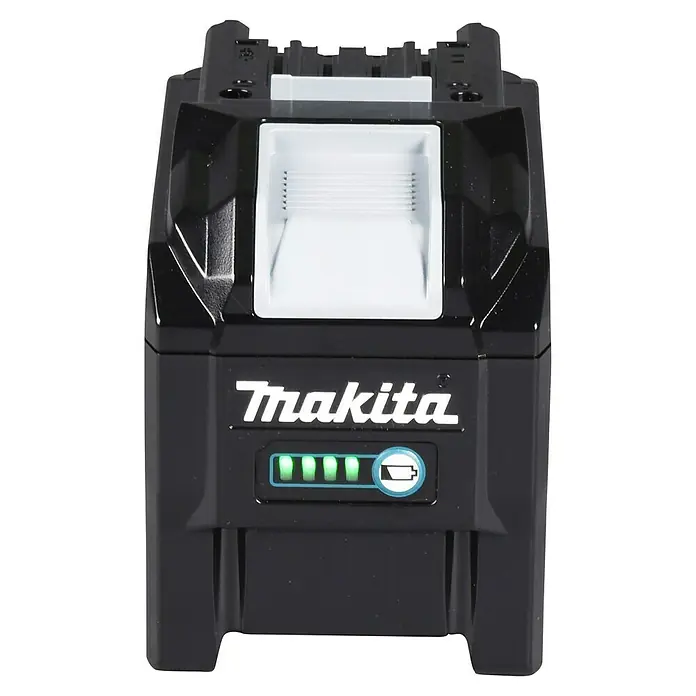 Makita XGT 40V max. Akku BL4080F - 40 V, 8 Ah, Li-Ionen - Schwarzer Makita Akku mit grüner LED-Ladeanzeige, die einen Teilladestand zeigt.