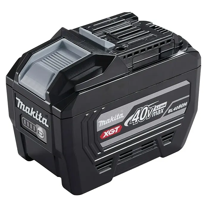 Makita XGT 40V max. Akku BL4080H - 40 V, 8 Ah - Schwarzer Makita 40V Max XGT Li-Ion Akku BL4080H mit grauen Entriegelungstasten und Anzeige.