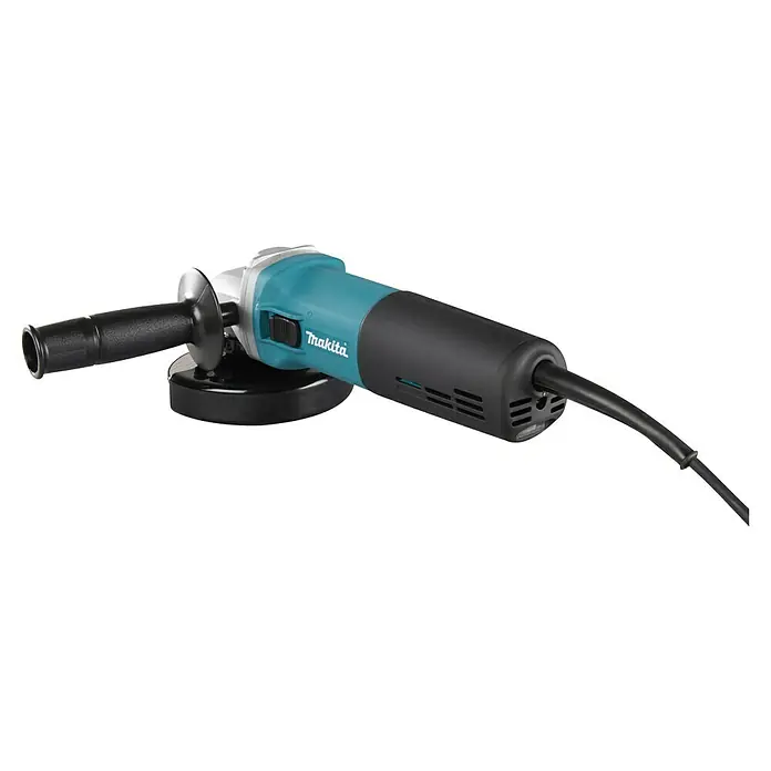 Makita Amoladora angular eléctrica 9565CR - 1.400 W, 11.000 r.p.m. - Una amoladora angular Makita turquesa y negra con empuñadura auxiliar negra y cable de alimentación.