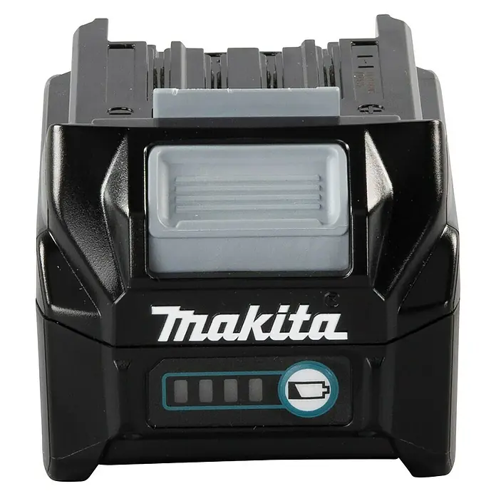 Makita XGT 40V max. Akku BL4025 - 40 V, 2,5 Ah - Schwarzer Makita Akkupack mit grauer Oberseite, strukturierten Seiten und einer Ladestandsanzeige mit vier Balken.