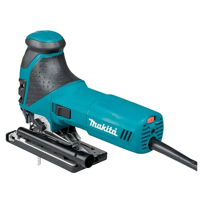 Makita Elektro-Pendelhubstichsäge 4351FCTJ - 800 /min - 2.800 /min, Max. Schnitttiefe in Holz: 135 mm, Anzahl Pendelhubstufen: 4 Stk. - Türkise und schwarze Makita Stichsäge mit ergonomischem Griff, Drehzahlregler und Metallfußplatte.