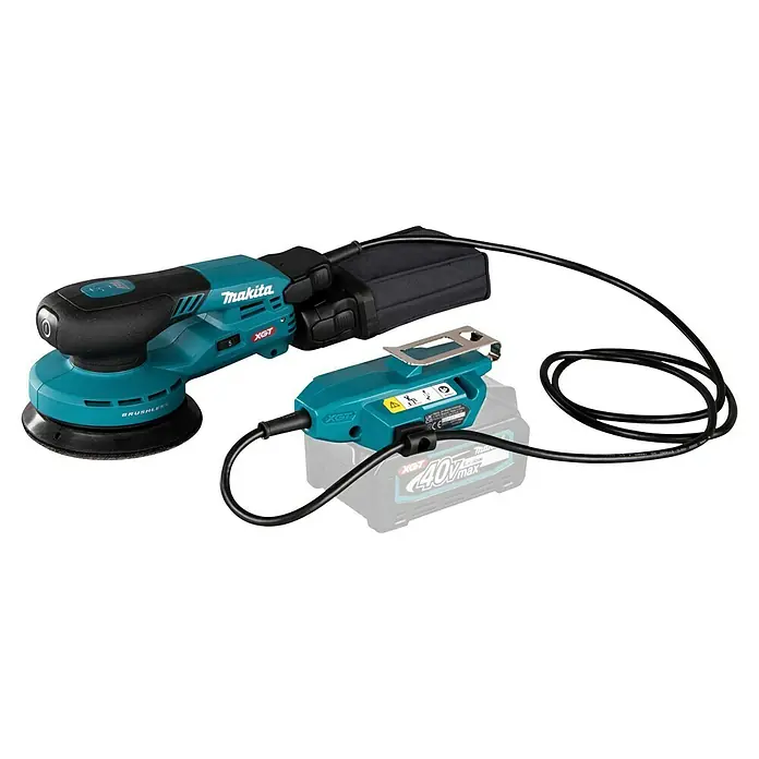 Makita XGT 40V max. Akku-Exzenterschleifer - 40 V, Ohne Akku, Durchmesser Schleifteller: 125 mm - Türkiser und schwarzer Makita XGT Akku-Exzenterschleifer mit bürstenlosem Motor, über Kabel mit externem 40V Li-Ion Akkupack verbunden.