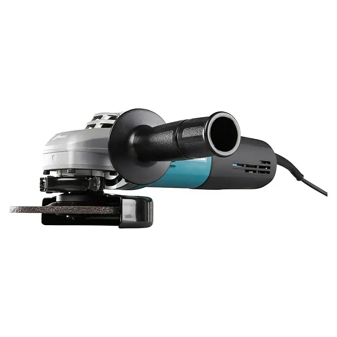 Makita Elektro-Winkelschleifer 9565CR - 1.400 W, 11.000 U/min - Silber-schwarzer Winkelschleifer mit blauem Akzent, ausgestattet mit einer Trennscheibe und Seitenhandgriff.