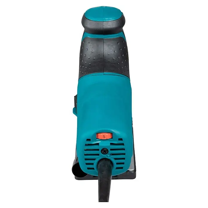 Makita Caladora eléctrica 4351FCTJ - 800 /min - 2.800 /min, Profundidad de corte máx. en madera: 135 mm, Número de niveles de elevación del péndulo: 4 ud. - Herramienta eléctrica turquesa y gris con agarre ergonómico, dial de velocidad '5' naranja y cable.