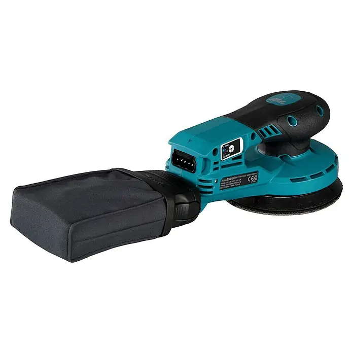 Makita XGT 40V max. Lijadora excéntrica de batería BO001CG -  - Una lijadora orbital aleatoria turquesa y negra con bolsa de polvo negra adjunta.