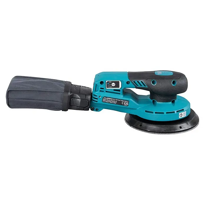 Makita XGT 40V max. Akku-Exzenterschleifer BO004CGZ - 40 V, Ohne Akku, Durchmesser Schleifteller: 150 mm - Türkiser und schwarzer Akku-Exzenterschleifer mit angeschlossenem grauem Staubfangbeutel.
