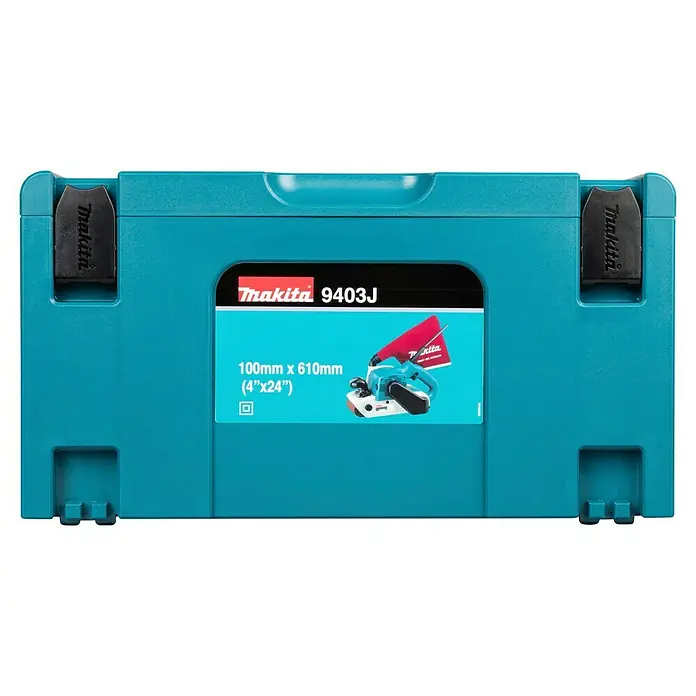 Makita Elektro-Bandschleifmaschine 9403J - 1.200 W - Türkisfarbener Makita Werkzeugkoffer mit schwarzen Verschlüssen, Beschriftung für Makita 9403J Bandschleifer und Abmessungen.