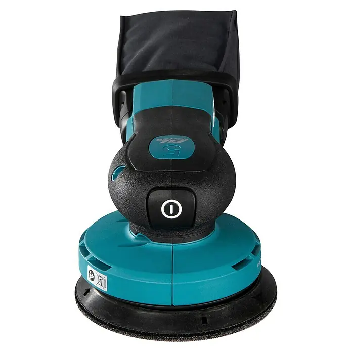 Makita XGT 40V max. Akku-Exzenterschleifer - 40 V, Ohne Akku, Durchmesser Schleifteller: 125 mm - Ein türkiser und schwarzer Exzenterschleifer mit Staubfangsack.