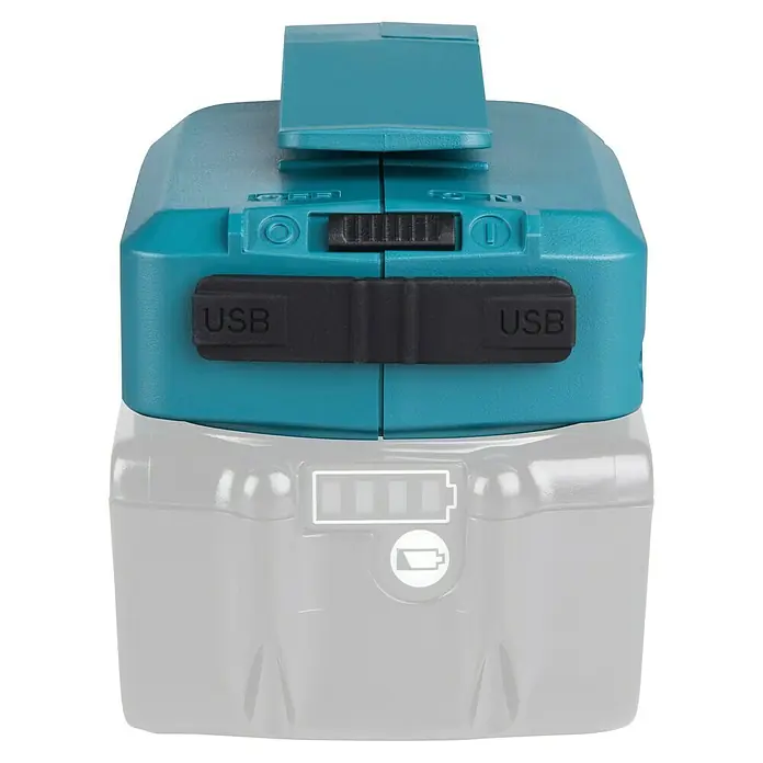 Makita LXT 18V Akku-Adapter DECADP05 - Passend für: Makita Li-Ionen Akkus 14,4 V, Makita Li-Ionen Akkus 18 V - Türkisfarbener USB-Stromadapter für Akku, mit zwei USB-Anschlüssen und Ein/Aus-Schalter. Der transparente Akku darunter zeigt eine Ladestandsanzeige.