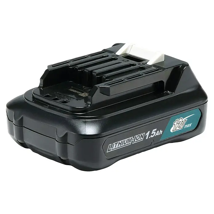Makita CXT 12V max. Akku BL1016 - 12 V, 1,5 Ah - Schwarzer Lithium-Ionen 12V max 1,5Ah Akku für Elektrowerkzeuge mit weißem Verschluss und türkisfarbenem Etikett.
