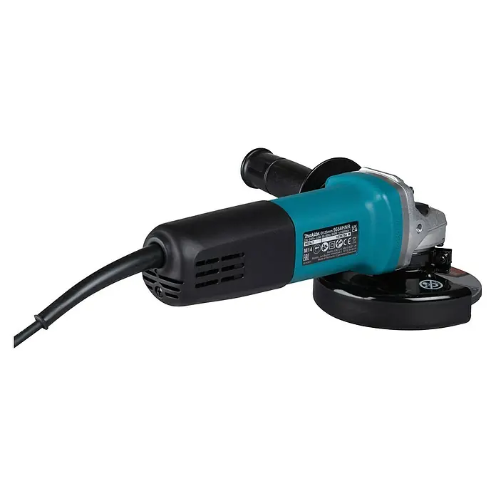 Makita Elektro-Winkelschleifer 9558HNRZ - 840 W, Leerlaufdrehzahl: 11.000 U/min - Makita Winkelschleifer mit schwarzem und türkisem Gehäuse, silbernem Getriebe und schwarzem Scheibenschutz. Netzkabel ragt hinten heraus.