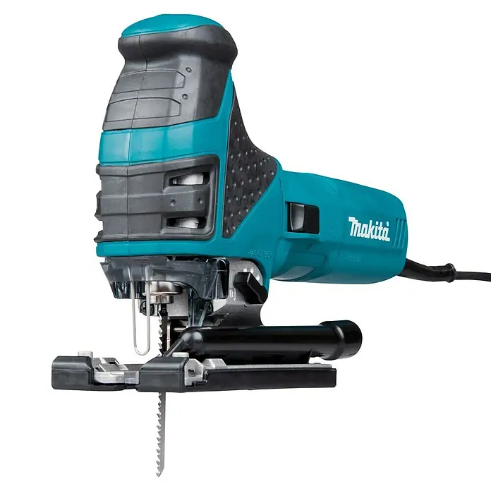 Makita Elektro-Pendelhubstichsäge 4351FCTJ - 800 /min - 2.800 /min, Max. Schnitttiefe in Holz: 135 mm, Anzahl Pendelhubstufen: 4 Stk. - Makita Stichsäge in Türkis und Schwarz, ein Elektrowerkzeug mit sichtbarem Sägeblatt.
