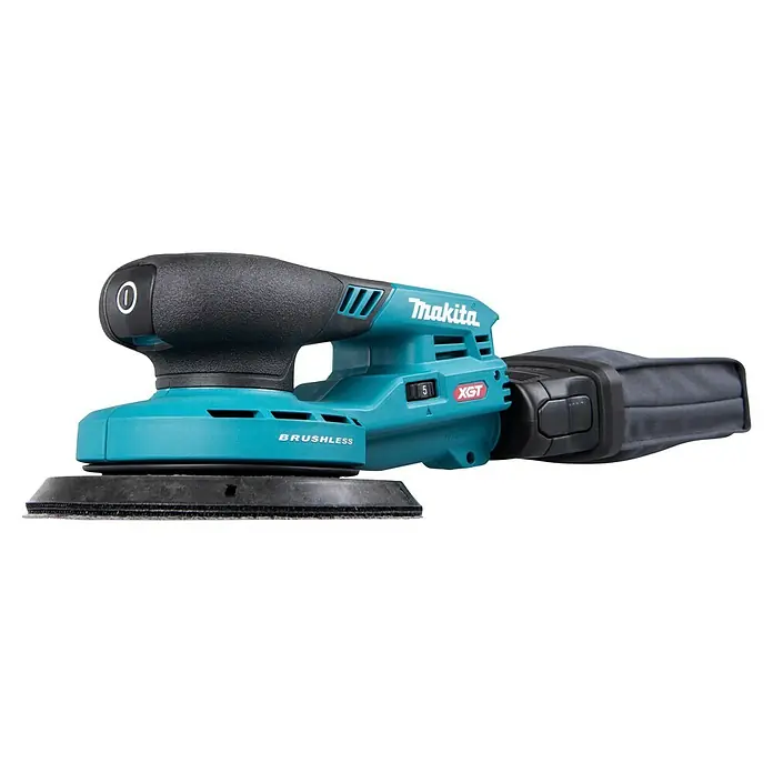 Makita XGT 40V max. Lijadora excéntrica de batería BO004CGZ -  - Lijadora orbital inalámbrica Makita XGT sin escobillas, turquesa y negra, con bolsa para polvo y dial de velocidad.