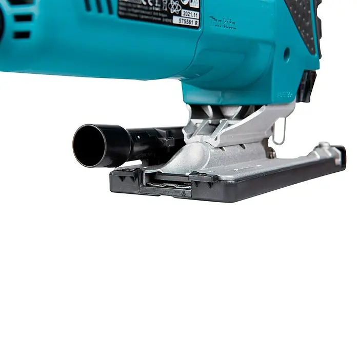 Makita Elektro-Pendelhubstichsäge 4351FCTJ - 800 /min - 2.800 /min, Max. Schnitttiefe in Holz: 135 mm, Anzahl Pendelhubstufen: 4 Stk. - Unterseite einer türkisfarbenen Makita Stichsäge mit silberner Basis und schwarzem Staubabsaugstutzen.