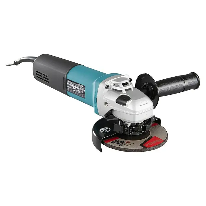 Makita Elektro-Winkelschleifer 9565CR - 1.400 W, 11.000 U/min - Makita 9565CR Winkelschleifer mit türkisem, schwarzem und silbernem Gehäuse, Schleifscheibe und Seitenhandgriff.