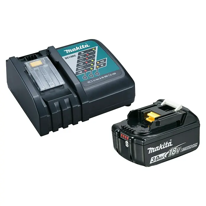 Makita LXT 18V Kit de arranque - 18 V, 1 batería, 3 Ah - Cargador de batería Makita DC18RC negro con panel indicador y una batería de iones de litio Makita 18V 3.0Ah negra.