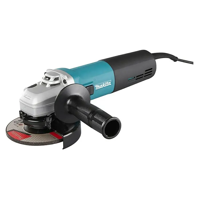 Makita Elektro-Winkelschleifer 9565CR - 1.400 W, 11.000 U/min - Makita Winkelschleifer in Türkis und Schwarz mit silbernem Kopf, Schleifscheibe und schwarzem Seitenhandgriff.