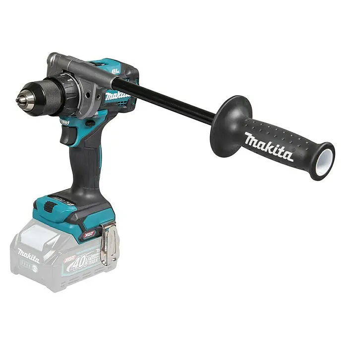 Makita XGT 40V max. Taladro atornillador de batería DF001GZ - 40 V, Sin batería - Taladro percutor sin cable Makita turquesa y negro con batería gris y mango auxiliar largo.