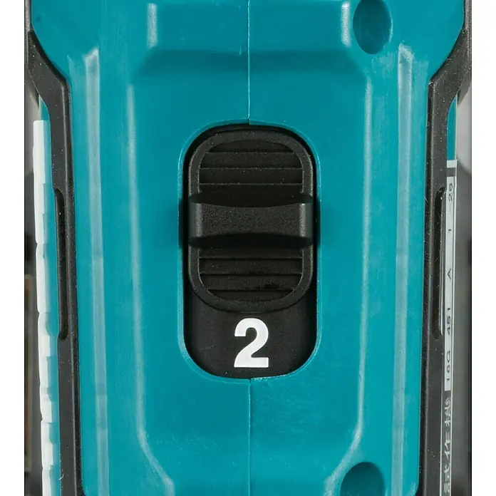 Makita CXT 12V max. Akku-Bohrschrauber DF333DZ - 12 V, Ohne Akku - Türkisfarbenes Elektrowerkzeug mit schwarzem Gangwahlschalter auf „2“.