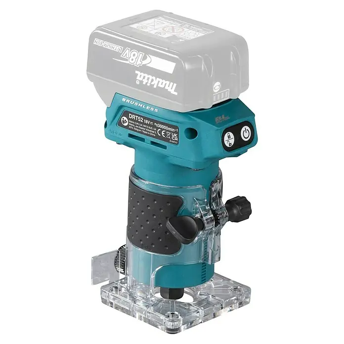 Makita LXT 18V Akku-Kantenfräser DRT52Z - 18 V, Ohne Akku, Leerlaufdrehzahl: 30.000 U/min - Türkis-schwarze Makita 18V Akku-Oberfräse mit transparentem Sockel.