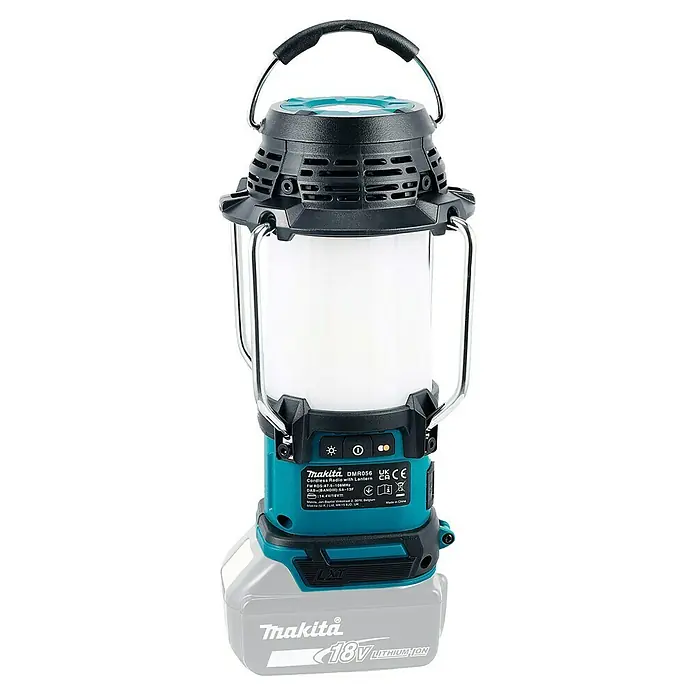 Makita LXT 18V Radio de batería con linterna DMR056 - 18 V, Sin batería, Flujo luminoso: 310 lm - Linterna-radio inalámbrica Makita DMR056 turquesa y negra, con difusor blanco y batería de 18V Li-Ion.
