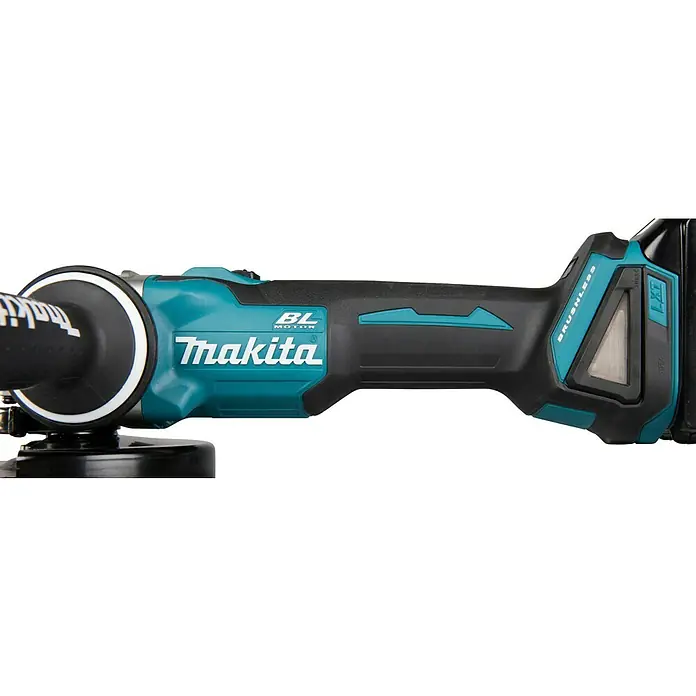 Makita LXT 18V Amoladora angular de batería DGA504Z - 18 V, Iones de litio, Sin batería, Diámetro disco: 125 mm - Primer plano de una amoladora angular inalámbrica Makita negra y turquesa, con etiquetas 'BL MOTOR' y 'BRUSHLESS'.