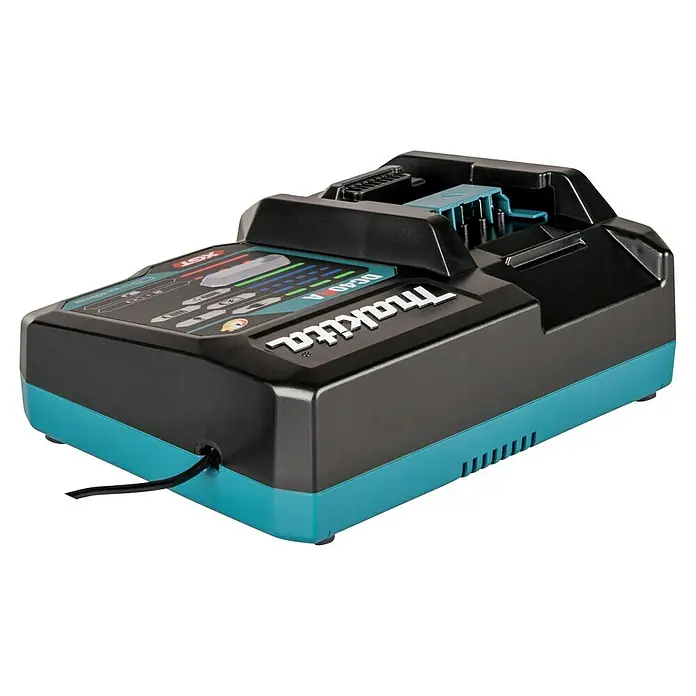 Makita XGT 40V max. Cargador rápido DC40RA - Específico para: Baterías Makita XGT máx. 40 V - Cargador de batería Makita XGT DC40A negro y turquesa con luces indicadoras y ranura.
