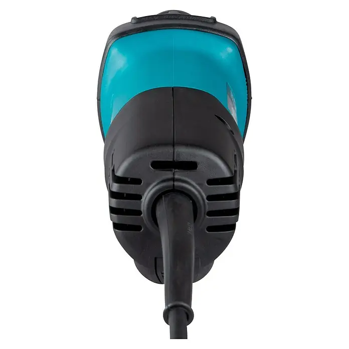 Makita Geradschleifer GD0600 - 400 W, 25.000 U/min - Rückansicht eines türkisen und schwarzen Elektrowerkzeugs mit Lüftungsschlitzen und schwarzem Netzkabel.