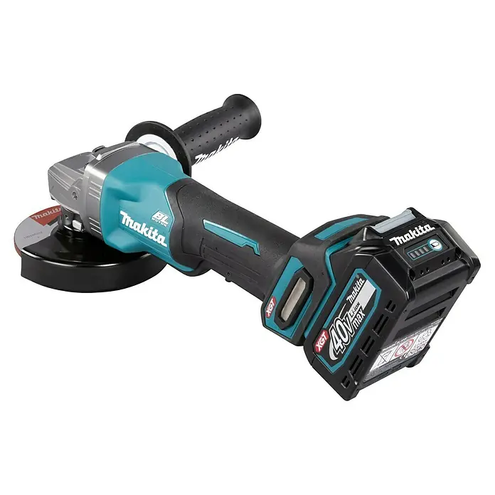 Makita XGT 40V max. Akku-Winkelschleifer GA016GM201 - 2 Akkus, 4 Ah, Leerlaufdrehzahl: 8.500 U/min - Kabelloser Makita Winkelschleifer in Schwarz und Türkis mit Schleifscheibe und 40V Li-Ionen-Akku.