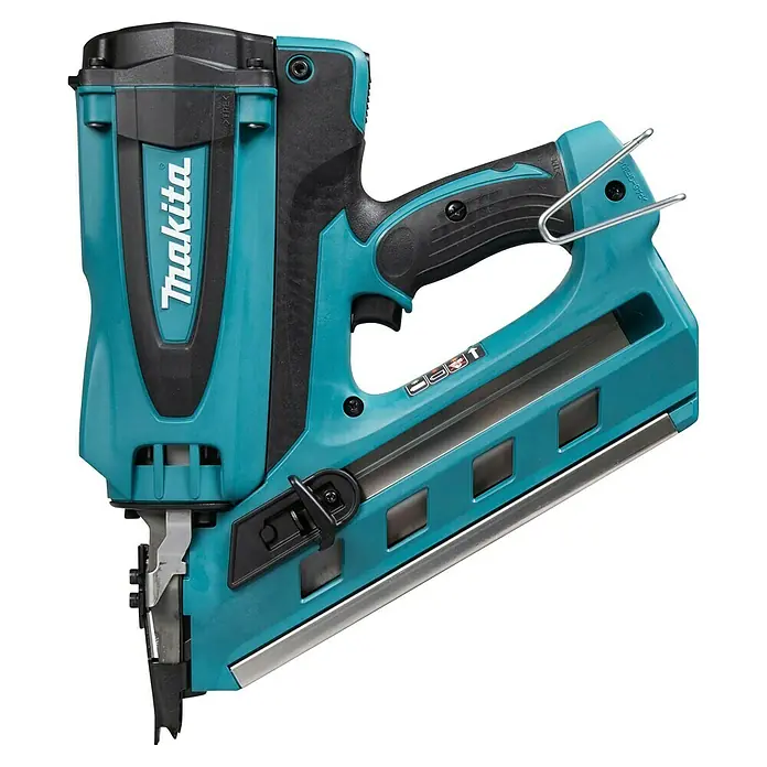 Makita Akku-Gasnagler GN900SE - 7,2 V, 2 Akkus, Länge Nagel: 50 mm - 90 mm - Makita türkis-schwarzer Brad-Nagler mit Komfortgriff, Metallmagazin und sichtbarem Abzug.