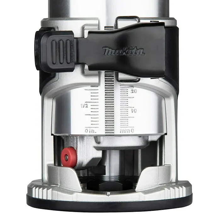 Makita LXT 18V Akku-Multifunktionsfräse DRT50ZJX2 - 18 V, Ohne Akku, Leerlaufdrehzahl: 10.000 U/min - 30.000 U/min - Makita Oberfräse mit silbernem Metallgehäuse, schwarzem Kunststoff und Tiefeneinstellskala (metrisch/imperial).
