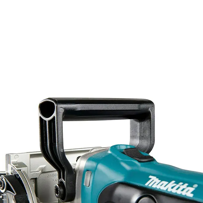 Makita LXT 18V Akku-Flachdübelfräse DPJ180Z - 18 V, Ohne Akku, 0 Ah, Schnitttiefe: 20 mm - Türkis-schwarzes Makita Elektrowerkzeug mit silbernem Verstellfuß und schwarzem Griff.