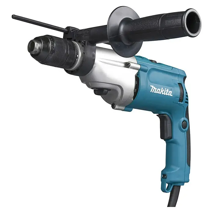 Makita Schlagbohrmaschine HP2071FJ - 1.100 W, Schnellspannbohrfutter - Makita Bohrhammer in Türkis und Silber mit schwarzem Zusatzhandgriff, Tiefenanschlagstange und Schnellspannbohrfutter.