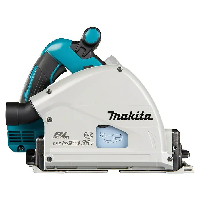 Makita LXT 18V Sierra de inmersión de batería DSP600ZJ - 18 V, Sin batería, 2.500 r.p.m. - 6.300 r.p.m. - Sierra de inmersión Makita con cuerpo blanco y turquesa, mango negro y puerto de extracción de polvo. Muestra etiquetas de motor BL, 36V y freno.